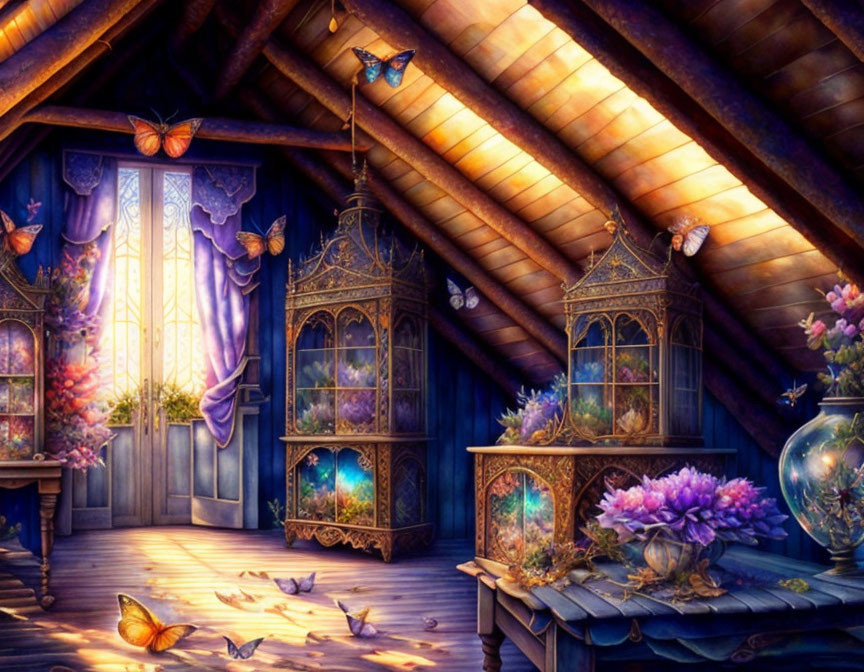 Enchanting attic filled with glowing butterflies, ornate birdcages, lush flowers, and violet