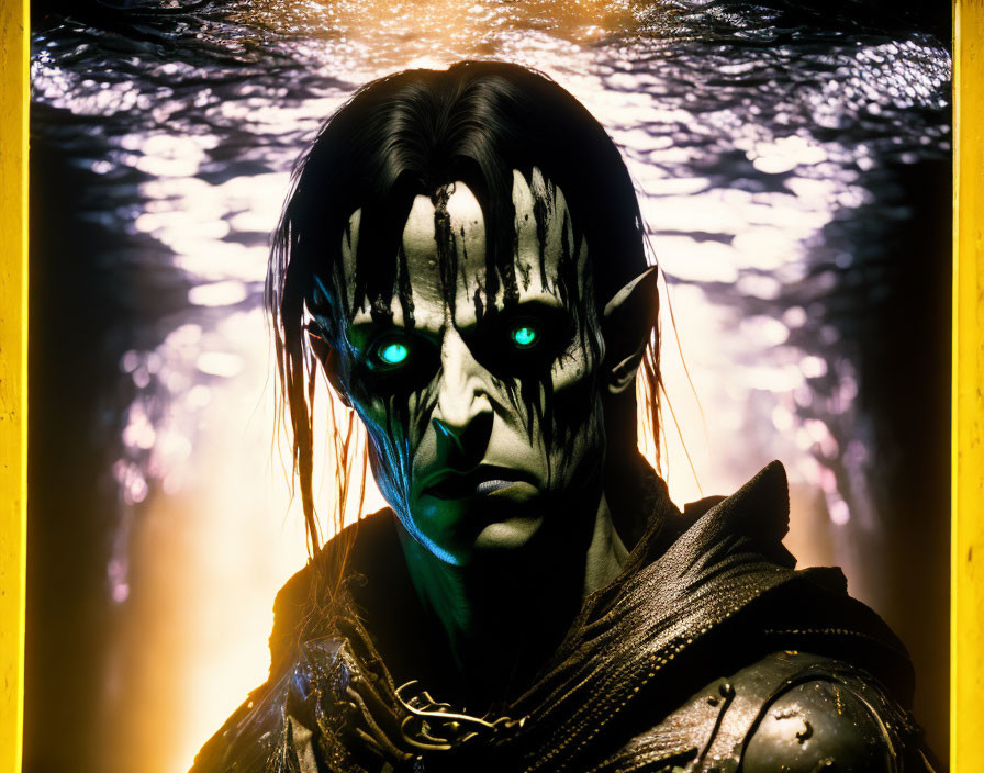 Character with Dark Makeup and Green Glowing Eyes Against Yellow Backdrop