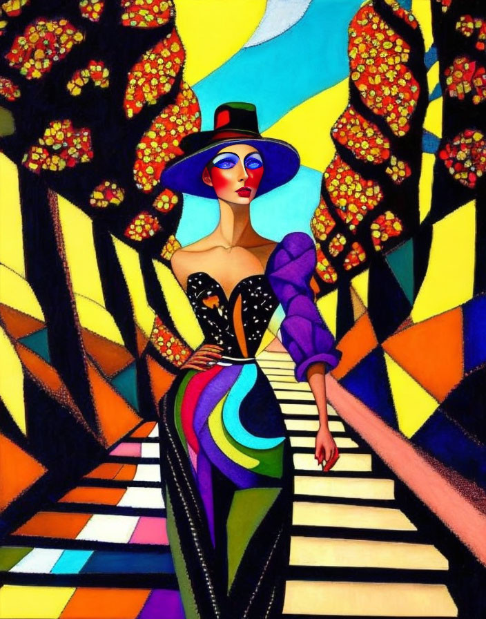 Vibrant abstract illustration of stylish woman on geometric pathway