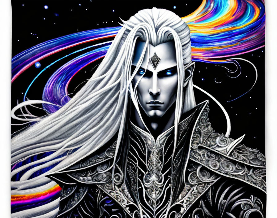 Silver-haired blue-skinned figure in ornate armor against cosmic backdrop