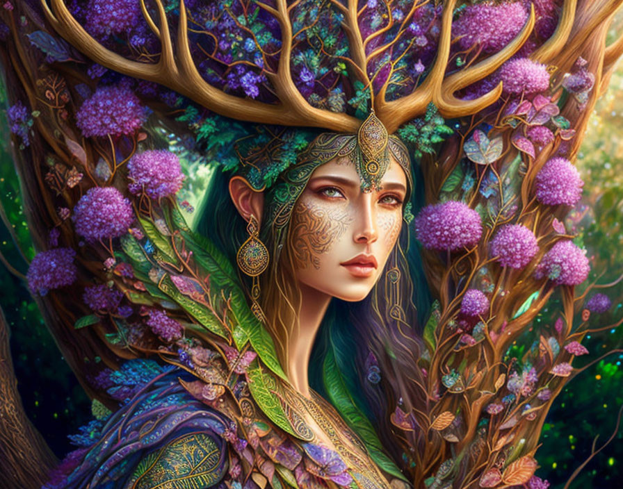 Mystical female figure with antlers and purple blossoms