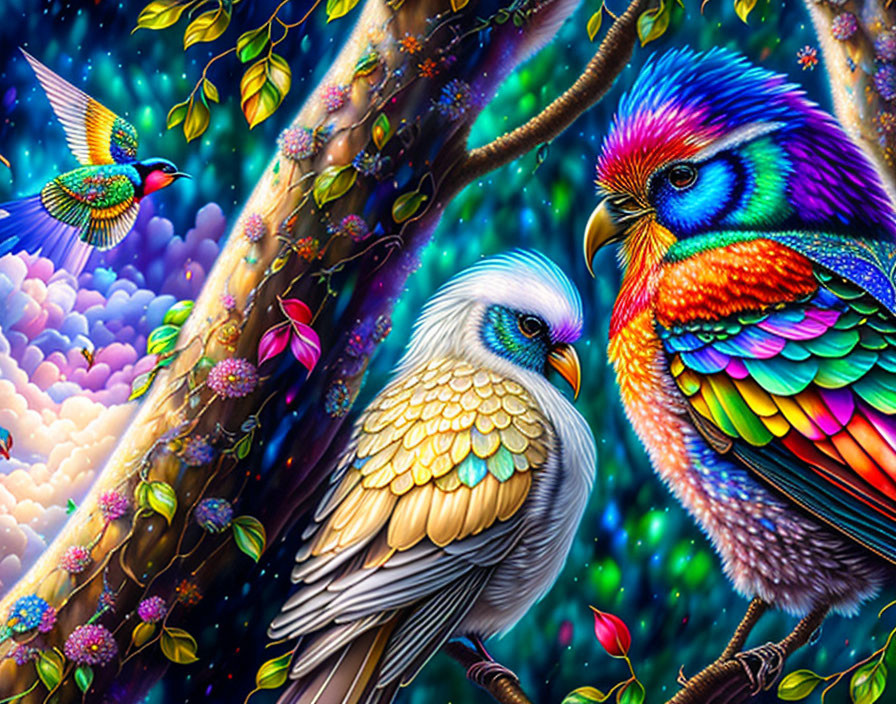 Colorful Parrot and Birds in Lush Digital Artwork