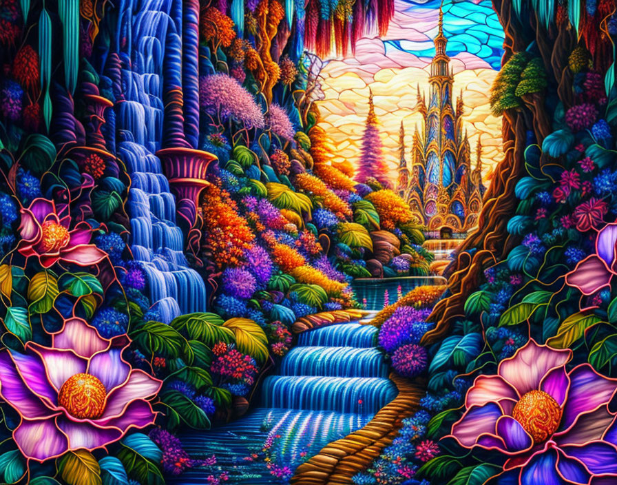 Colorful fantasy landscape with waterfall, castle, and sunset sky