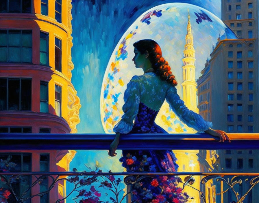 Woman in Blue Dress Observing Cityscape with Moon and Tower from Balcony