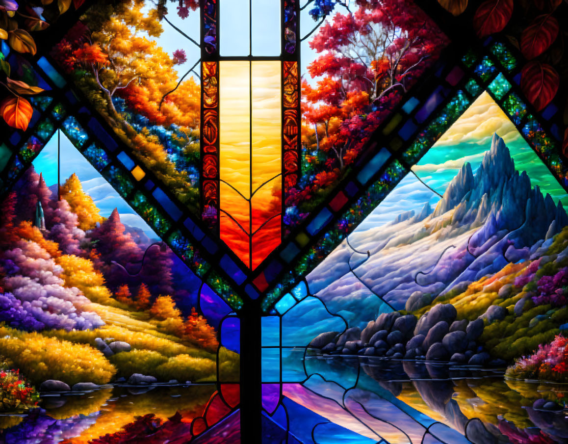 Colorful Stained Glass Window of Autumn Landscape