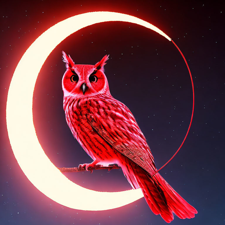 Red Owl Perched on Cosmic Background with Glowing Crescent