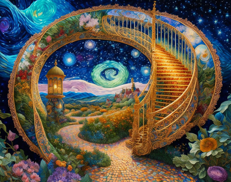 Golden spiral staircase in starry night sky with gardens and cobblestone path