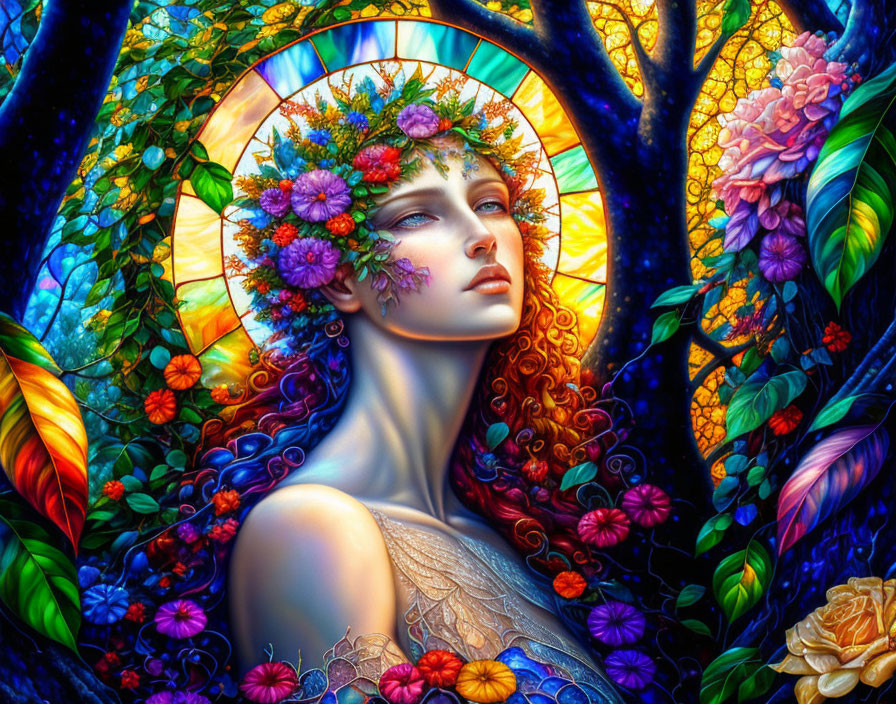 Fantasy illustration of woman with floral crown in lush nature setting