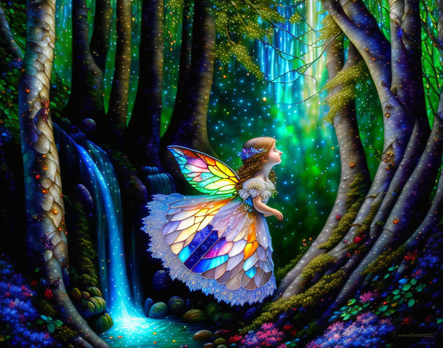 Colorful fairy illustration in mystical forest with iridescent wings