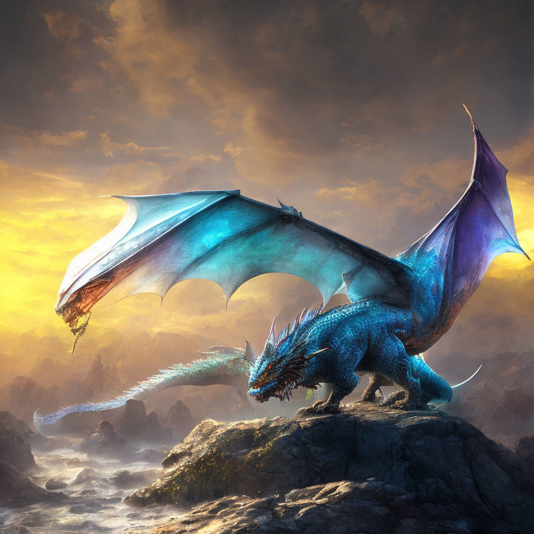 Blue dragon perched on rocks with outspread wings against dramatic sunset sky