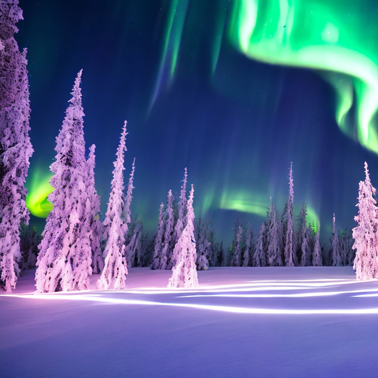 Vibrant green aurora borealis lights up snow-covered forest