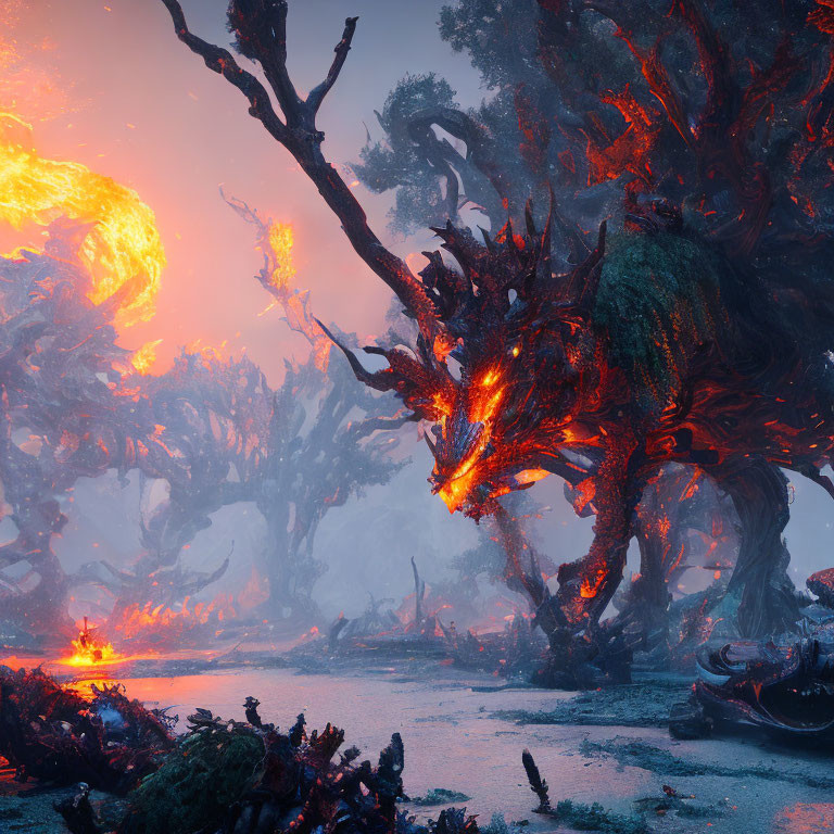 Dragon merges with ancient trees in mystical forest under burning sky