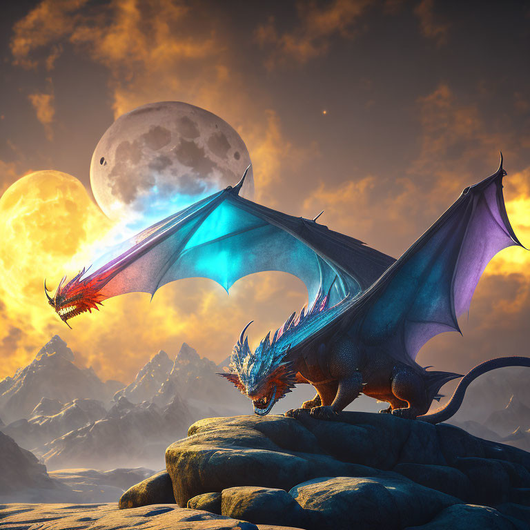 Colorful Dragon on Rocky Terrain with Moon and Sun in Dramatic Sky