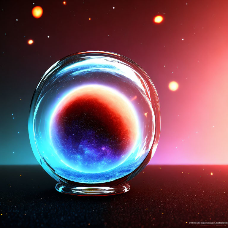 Colorful digital artwork: glass sphere holding swirling galaxy in cosmic setting