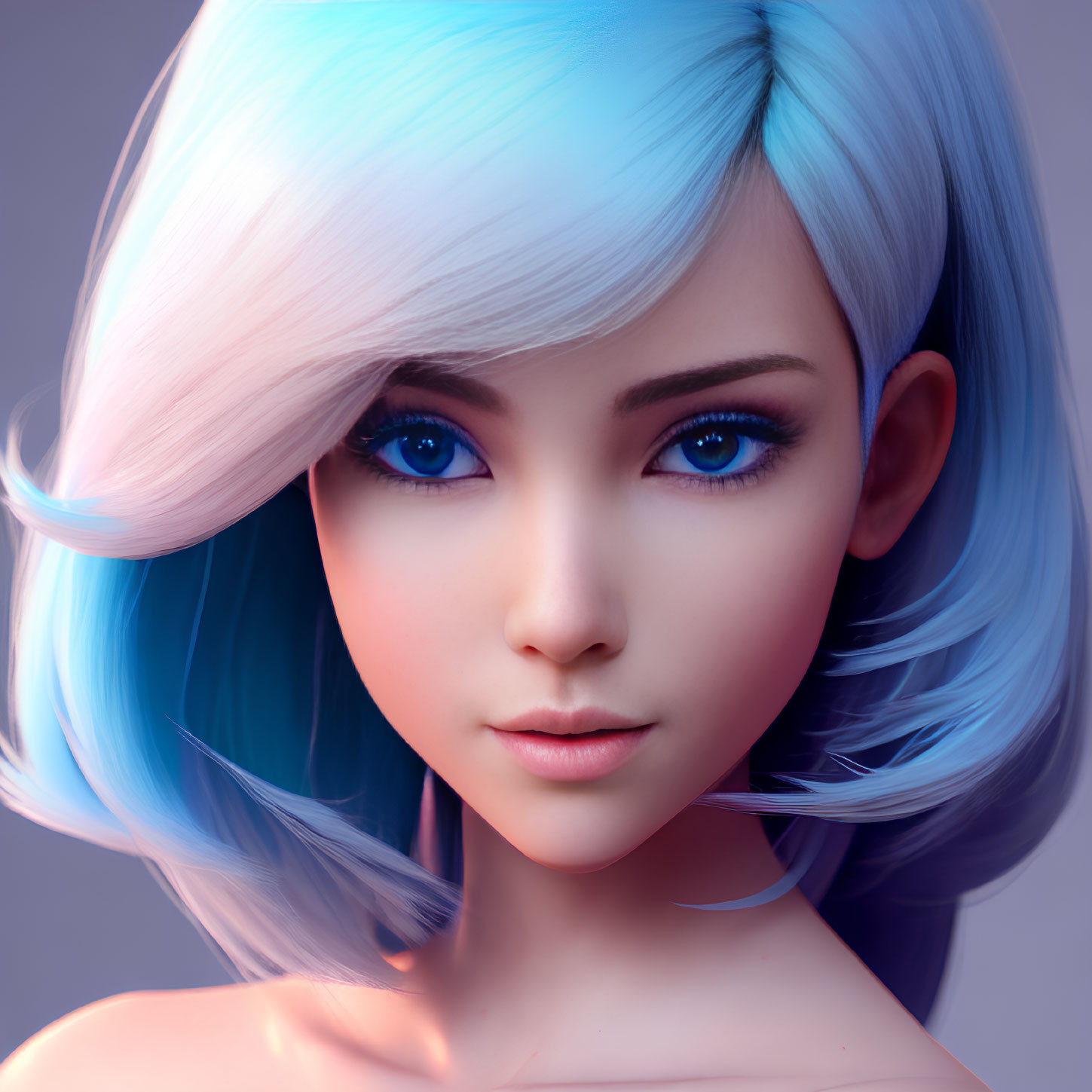 Female character digital art: blue-eyed with ombre white to blue hair on purple background