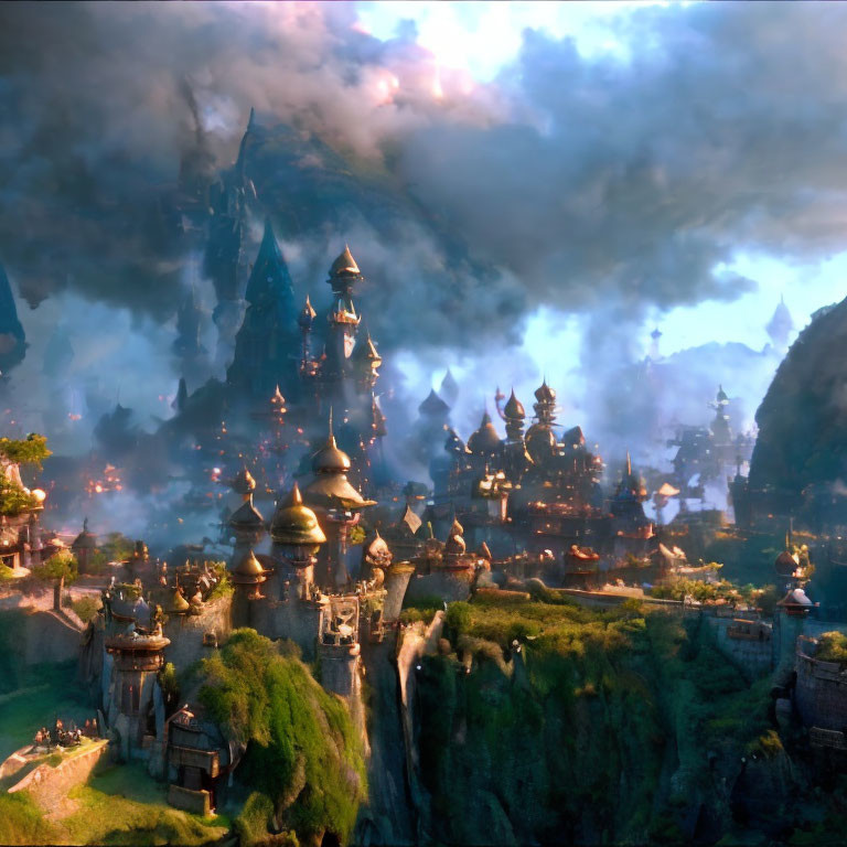 Fantasy landscape with towering spires, castle-like structures, lush greenery, and dramatic sky