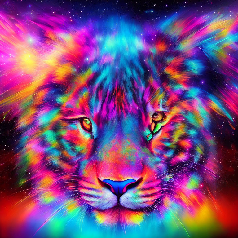 Colorful Neon Lion Face Art with Cosmic Starburst Background