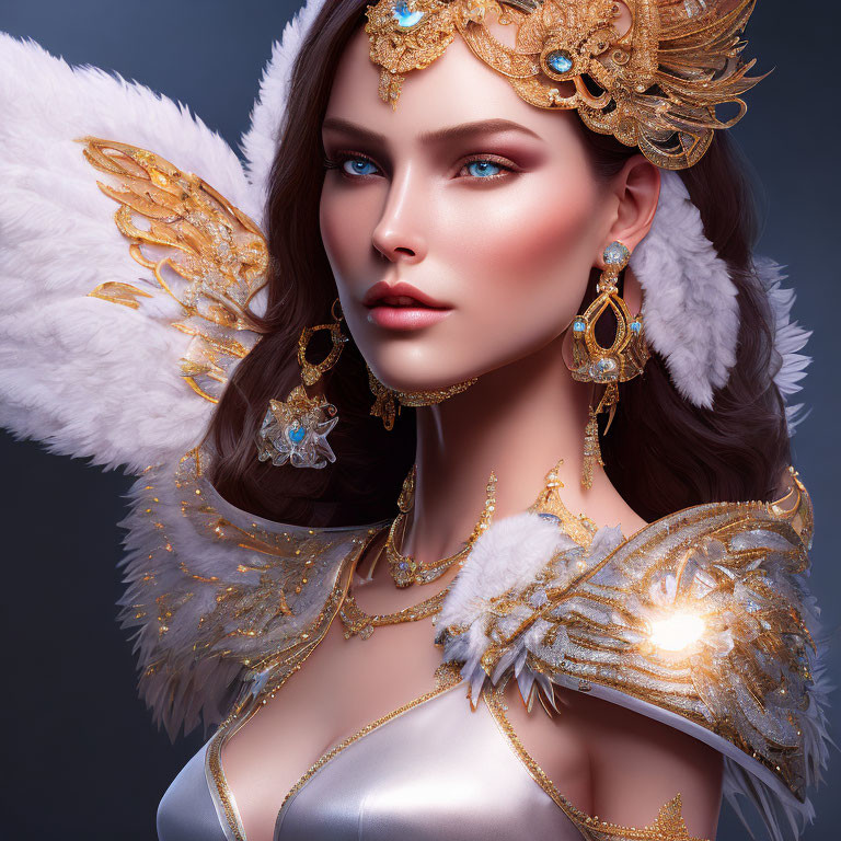 Blue-eyed woman in golden crown, jewelry, feathered wings, and fur collar