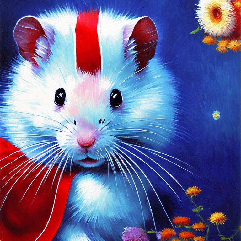 Colorful hamster painting with red stripe on head on blue background with yellow flowers