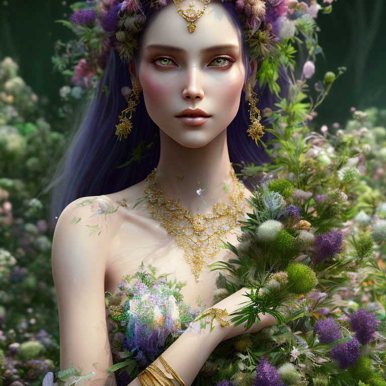 Purple-haired female figure with floral wreaths and gold jewelry in a lush floral setting