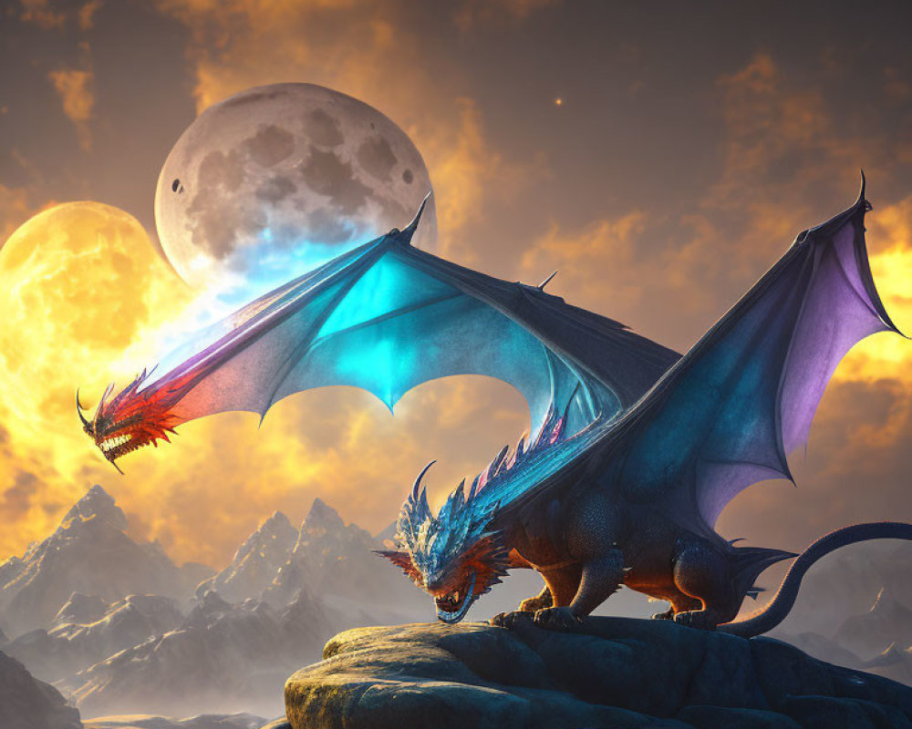 Colorful Dragon on Rocky Terrain with Moon and Sun in Dramatic Sky