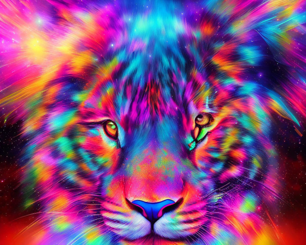 Colorful Neon Lion Face Art with Cosmic Starburst Background