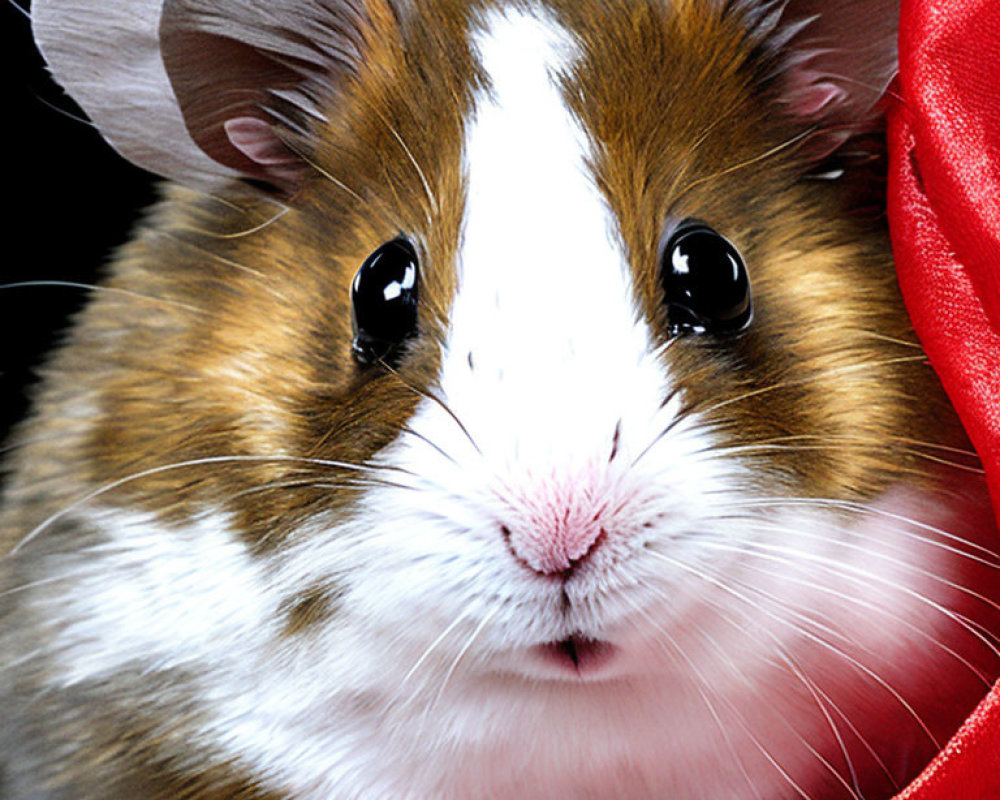 Brown and White Guinea Pig with Glossy Eyes and Pink Nose on Black Background with Red Fabric Hint