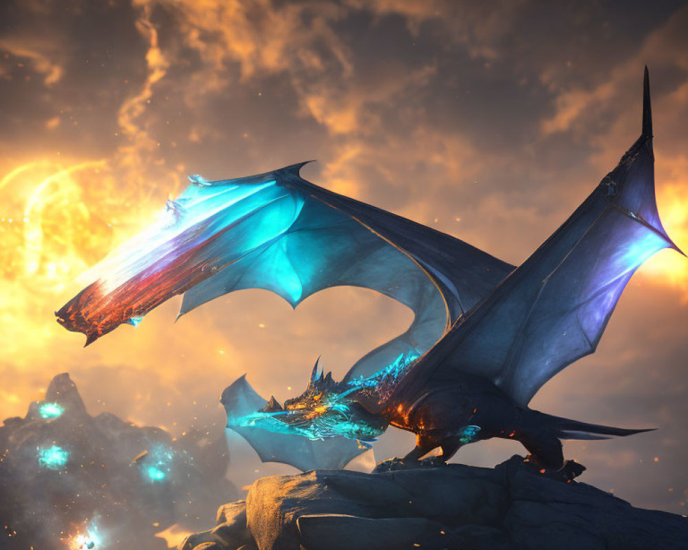 Blue-winged dragon on rocks with glowing crystals, breathing fire at sunset