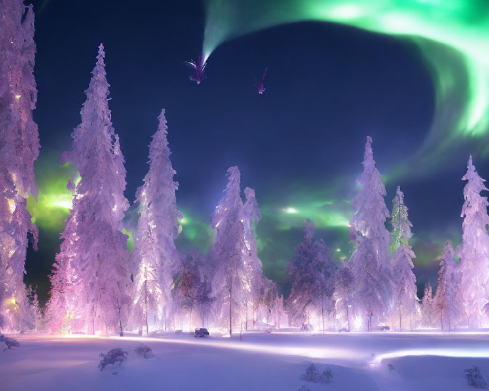 Winter scene: Snowy trees, aurora borealis, forest trail, distant figure