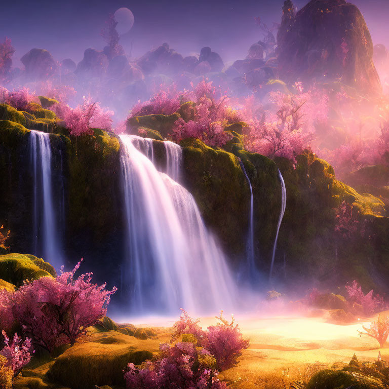 Scenic waterfall with cherry blossoms under sunset sky