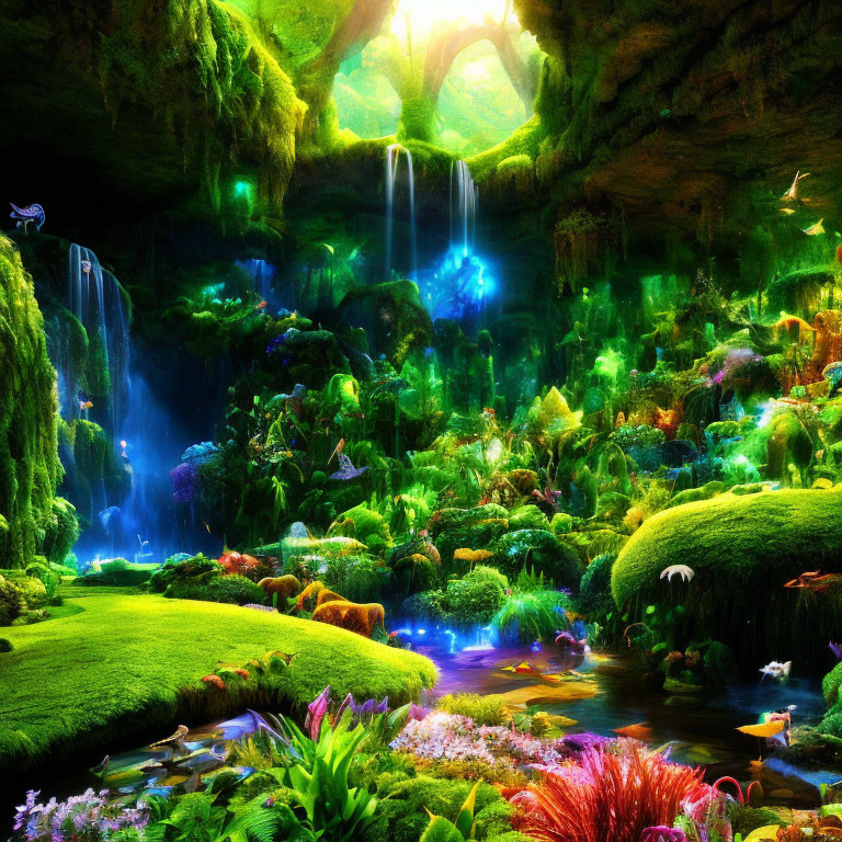 Fantastical cave with lush greenery, waterfalls, glowing plants