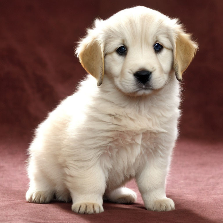 Golden Retriever Puppy on Maroon Background with Fluffy Fur