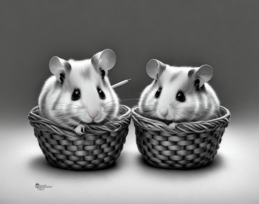 Illustrated Hamsters in Woven Baskets on Gray Background