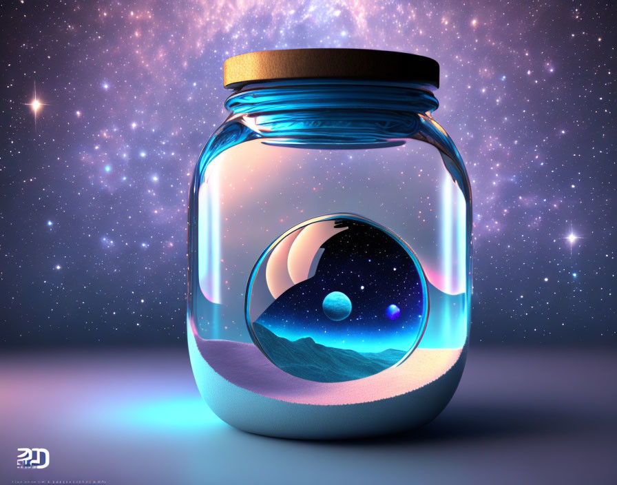 Cosmic scene in glass jar with planet, moon, stars, and nebulae