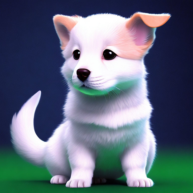 White and Tan Puppy Illustration on Green Surface and Blue Background