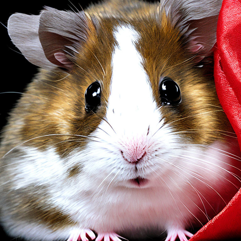 Brown and White Guinea Pig with Glossy Eyes and Pink Nose on Black Background with Red Fabric Hint