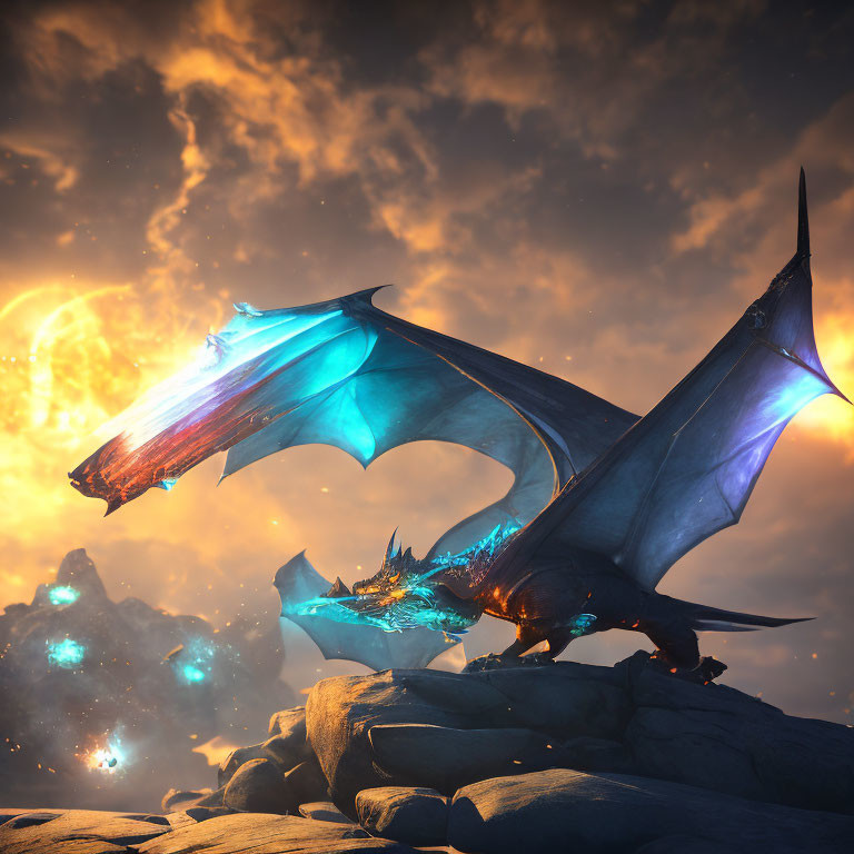 Blue-winged dragon on rocks with glowing crystals, breathing fire at sunset