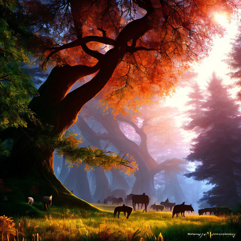 Tranquil forest scene with grazing horses at dawn or dusk