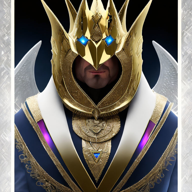 Regal costume with golden mask and blue gem accents on symmetrical background