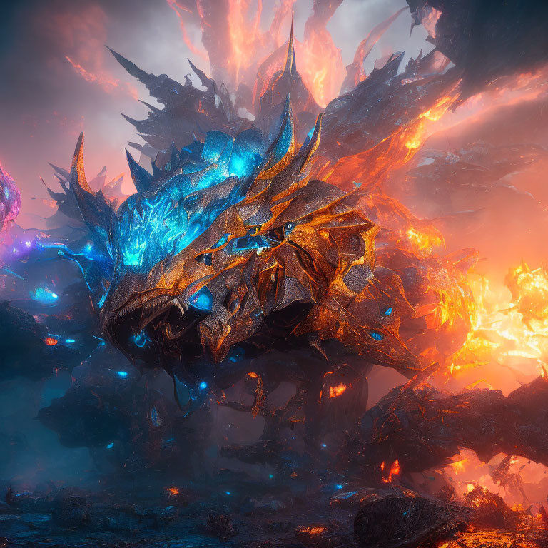 Majestic dragon with glowing blue and orange scales in fiery landscape