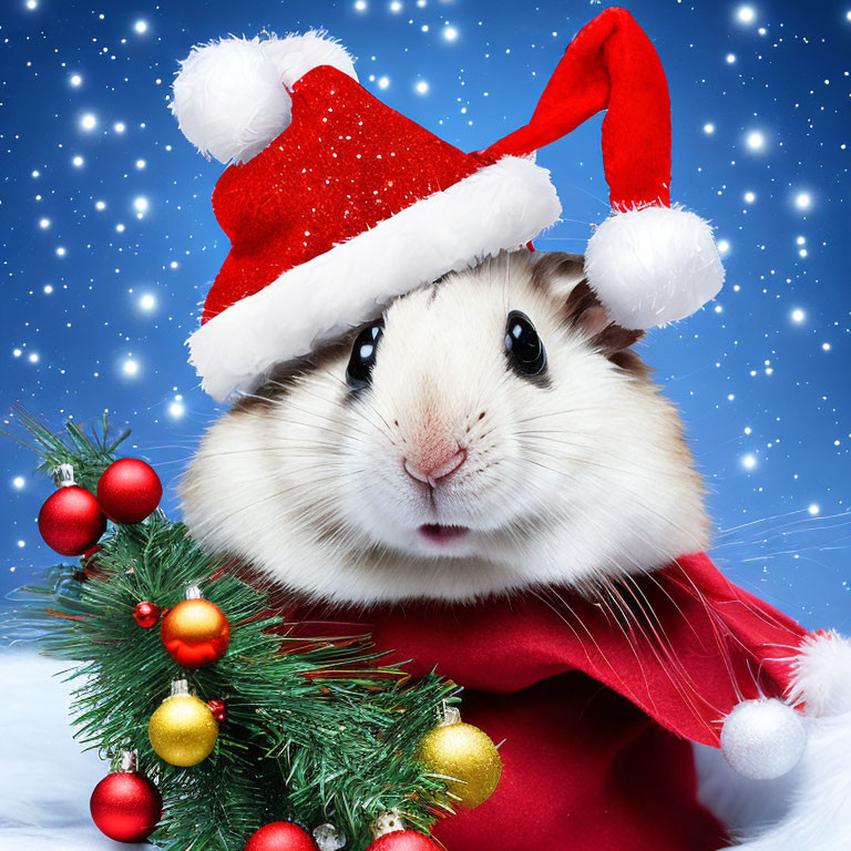 Adorable Hamster in Santa Hat with Christmas Twig on Starry Night Sky