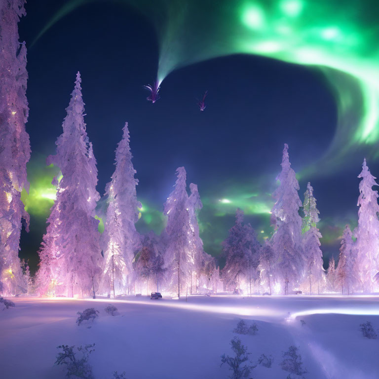 Winter scene: Snowy trees, aurora borealis, forest trail, distant figure