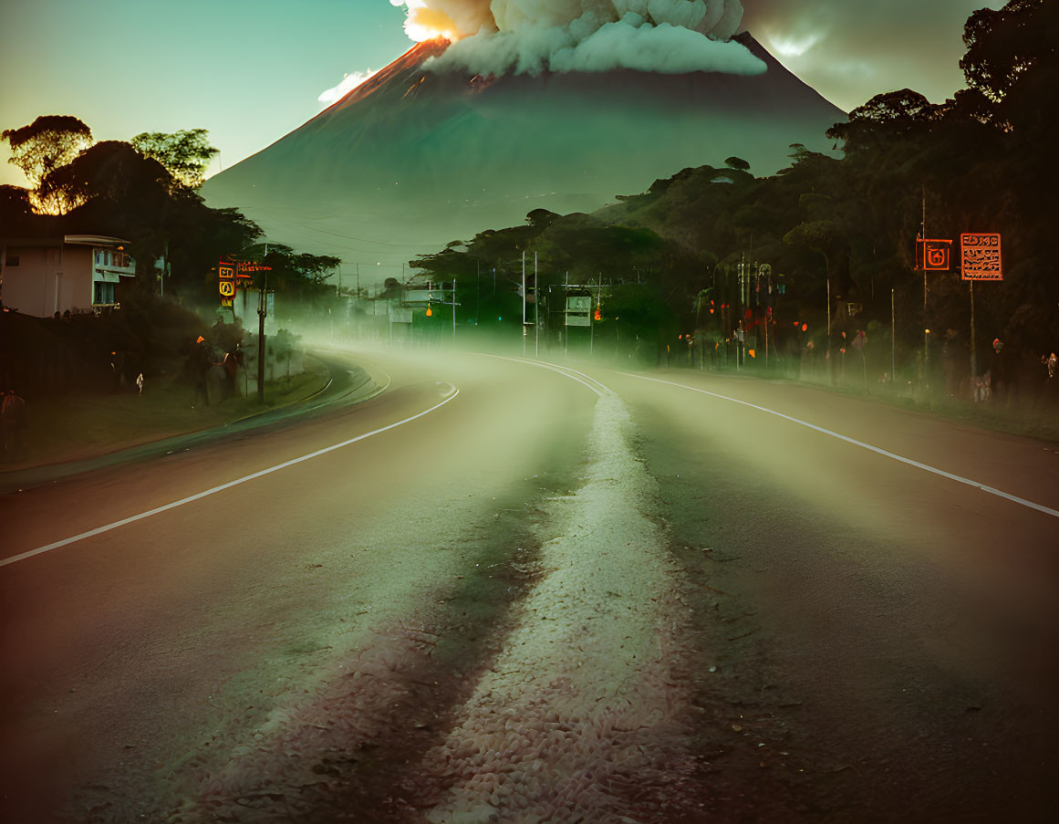 Volcano eruption scene with road, greenery, and street signs