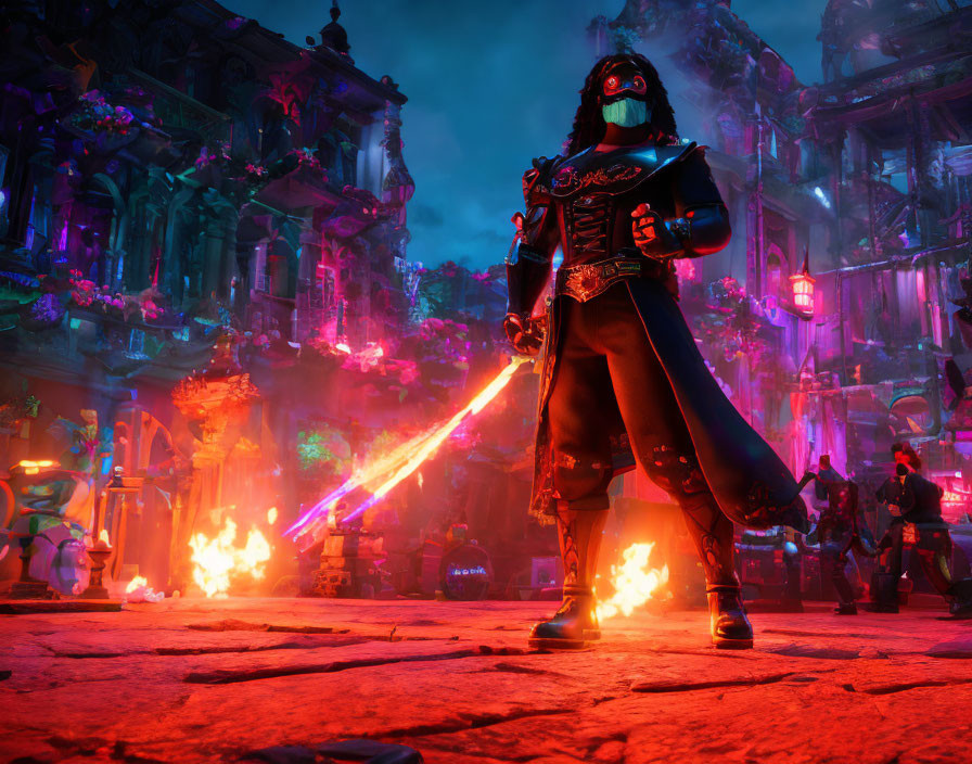 Fantasy character in dark outfit with glowing red sword in city square with explosions