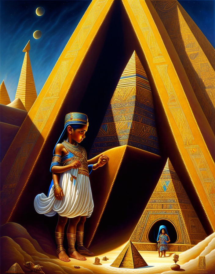 Ancient Egypt scene with pyramid, child pharaoh, and celestial bodies