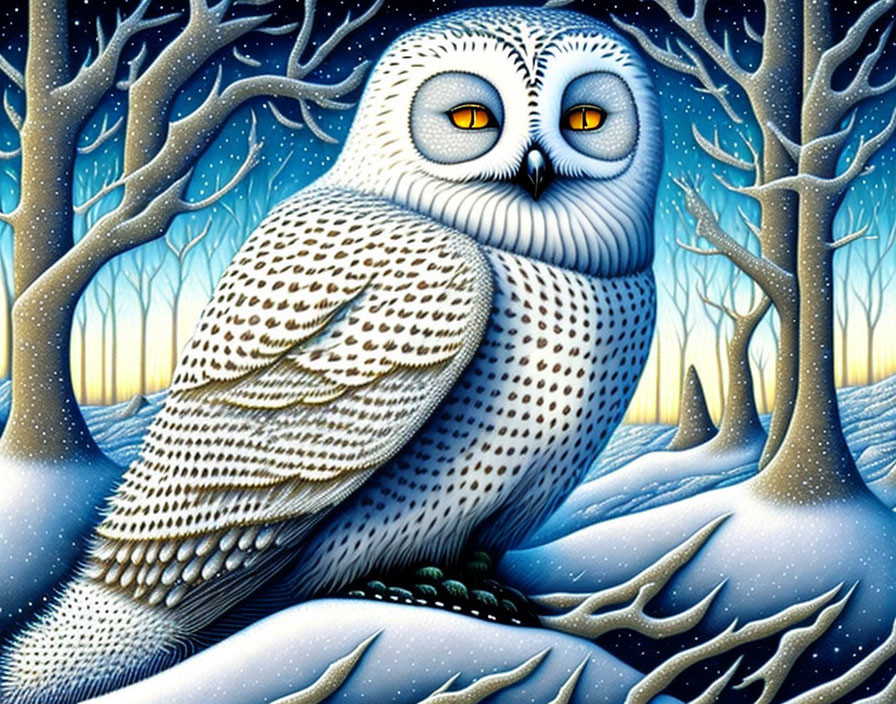 Large White Owl with Orange Eyes in Snowy Forest Night Scene