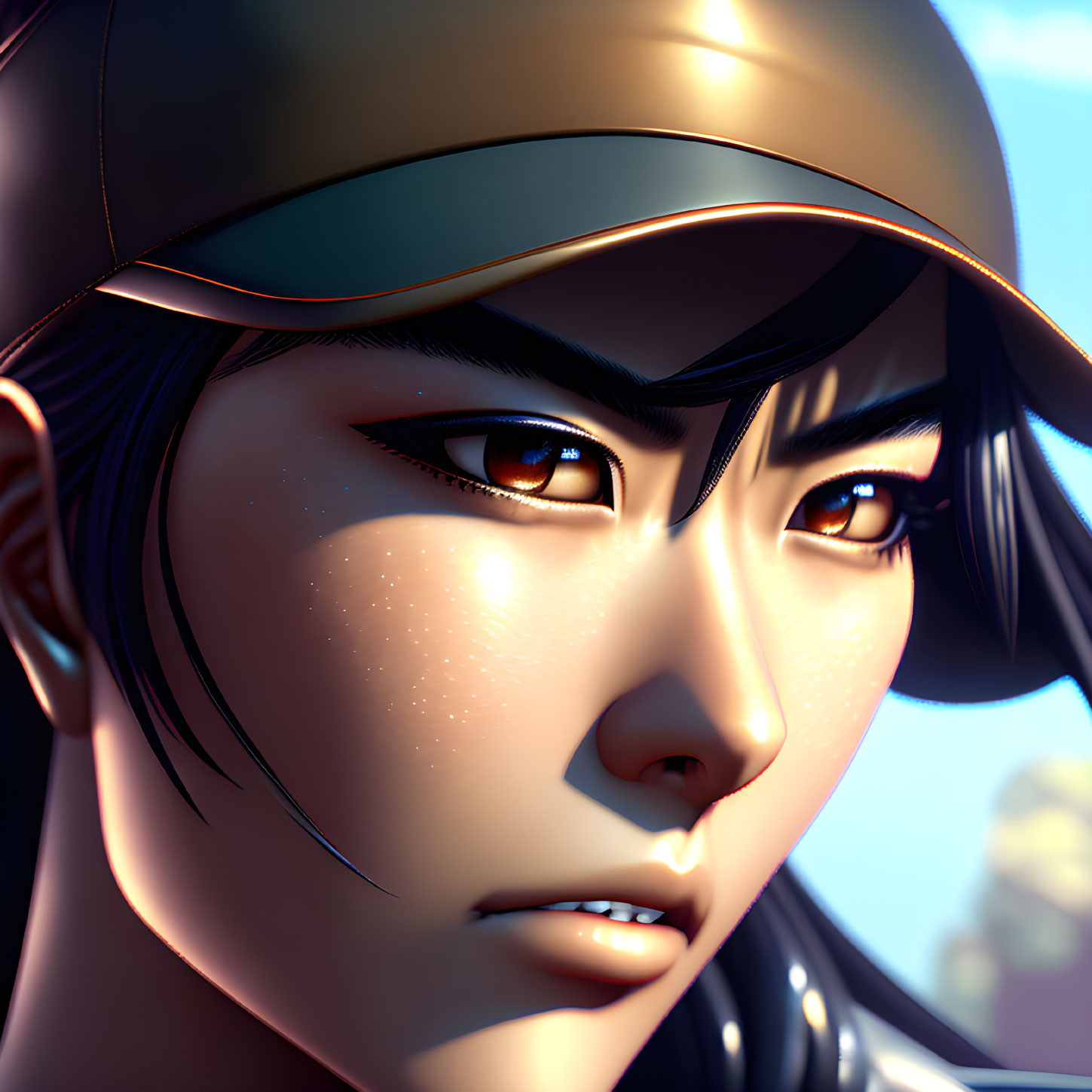 Detailed close-up of determined female character with cap, expressive eyes, and subtle freckles under soft