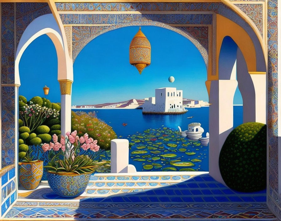 Colorful art: Archway view to serene blue water, white building, boats, lantern, lush