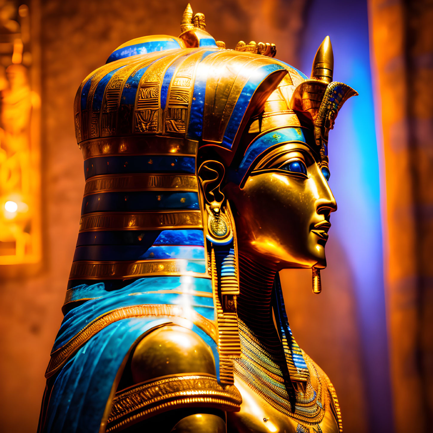 Golden Egyptian Pharaoh Statue with Elaborate Headgear and Hieroglyphics