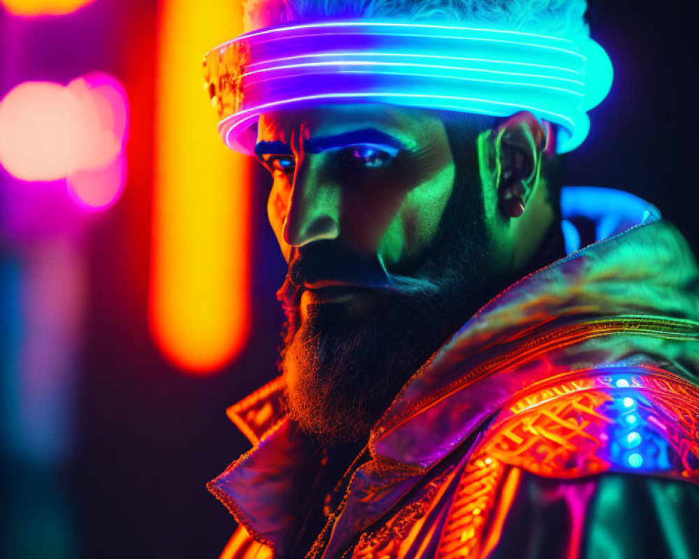 Bearded man illuminated by neon lights in futuristic outfit